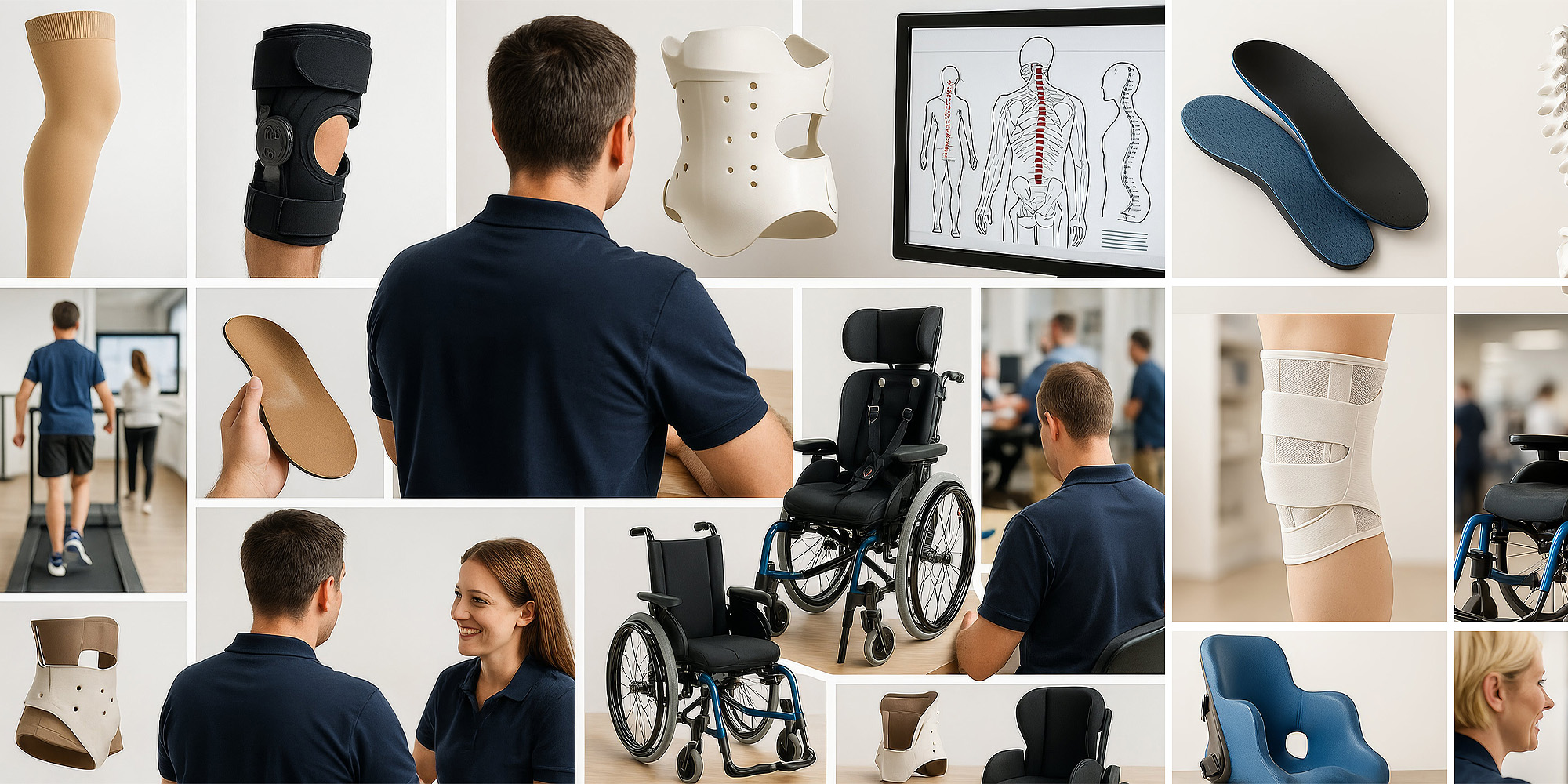 Collage aus orthopädietechnischen Hilfsmitteln und Arbeitssituationen, darunter Bandagen, Orthesen, Einlagen, Rollstühle, Sitzschalen sowie Beratung und Analyse in der Orthopädietechnik