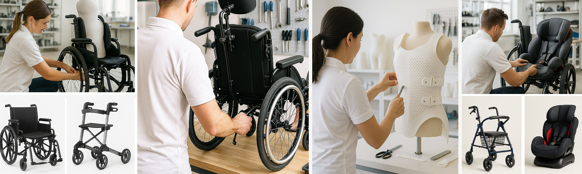 Orthopädietechnische Werkstatt mit Fachkräften bei der Anpassung und Reparatur von Rollstühlen, Sitzschalen und Orthesen mit Werkzeugen und Hilfsmitteln