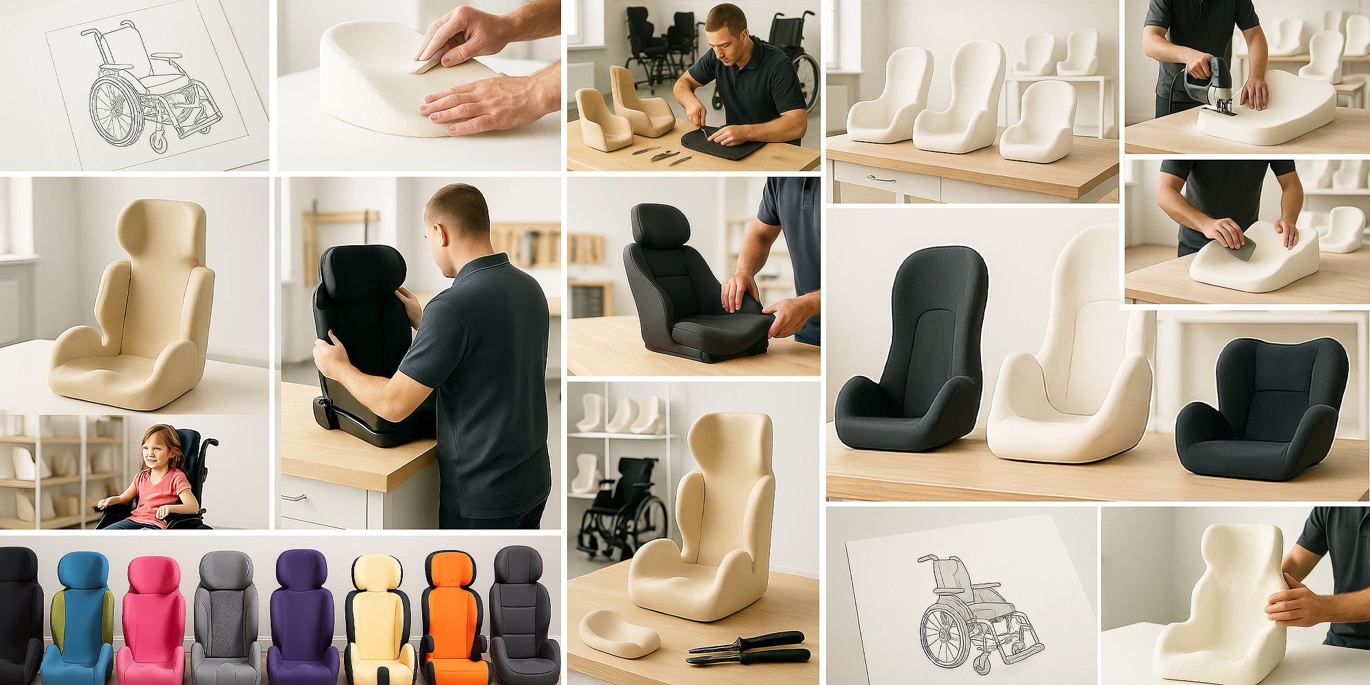 Mehrere anatomisch geformte Sitzschalen in unterschiedlichen Farben zur individuellen Sitzversorgung