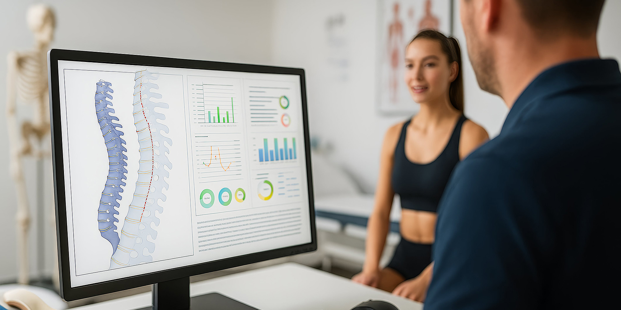 Fachpersonal bespricht mit einer Person Analyseergebnisse am Bildschirm, dargestellt sind Wirbelsäule und Diagramme zur Körperhaltung