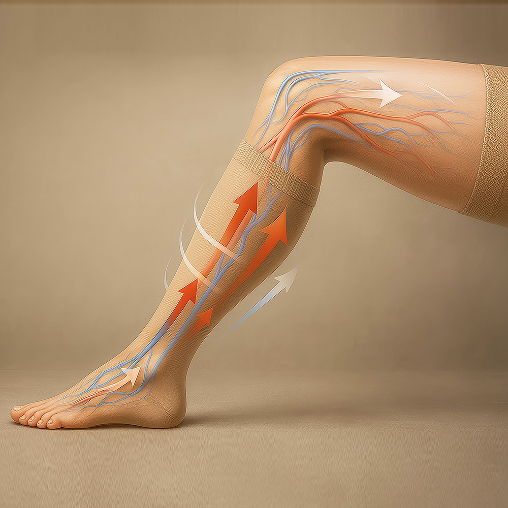 Grafische Darstellung eines Beins mit Kompressionsstrumpf und Pfeilen zur Veranschaulichung der Durchblutungsförderung