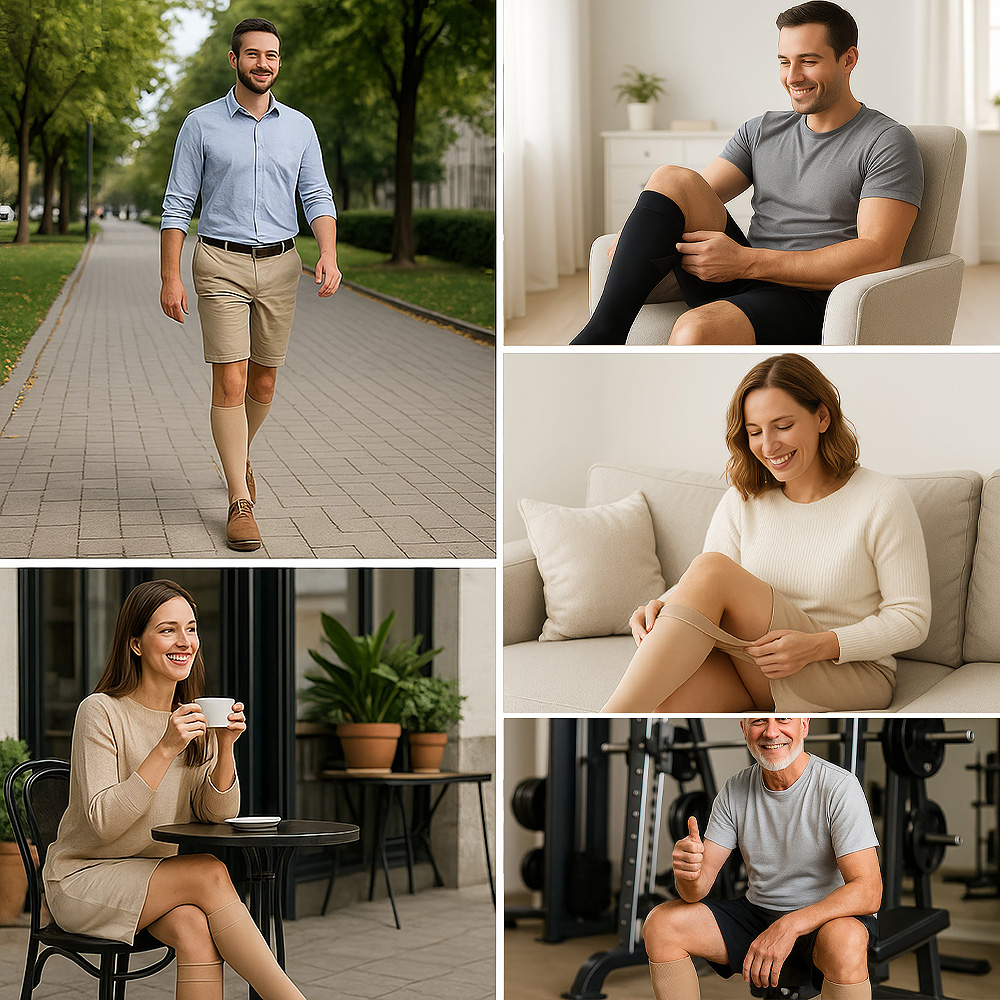 Mehrere Alltagssituationen zeigen Menschen beim Tragen medizinischer Kompressionsstrümpfe zu Hause und unterwegs