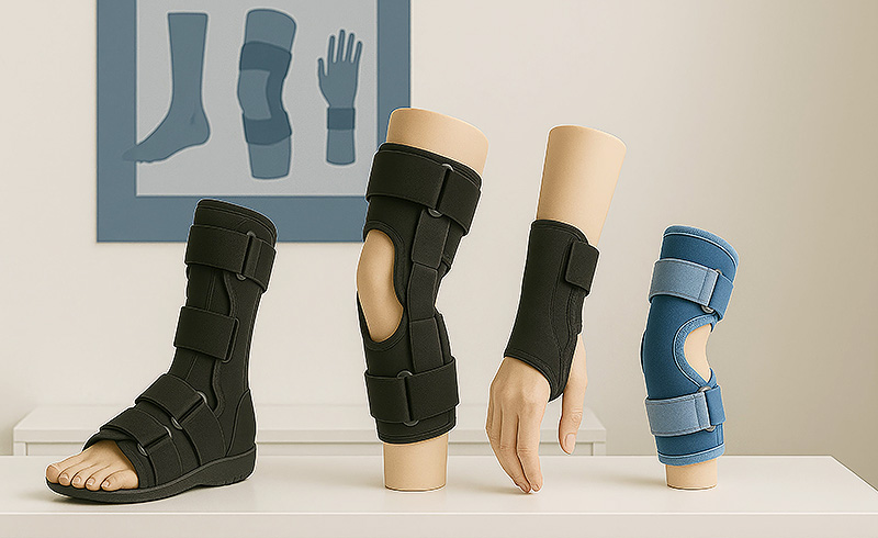 Verschiedene Orthesen für Fuß, Knie und Hand sind auf einer Ablage ausgestellt