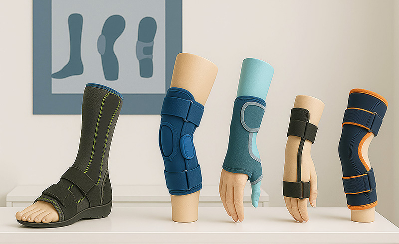 Mehrere Orthesenmodelle für Fuß, Knie und Hand in unterschiedlichen Farben auf einer Präsentationsfläche