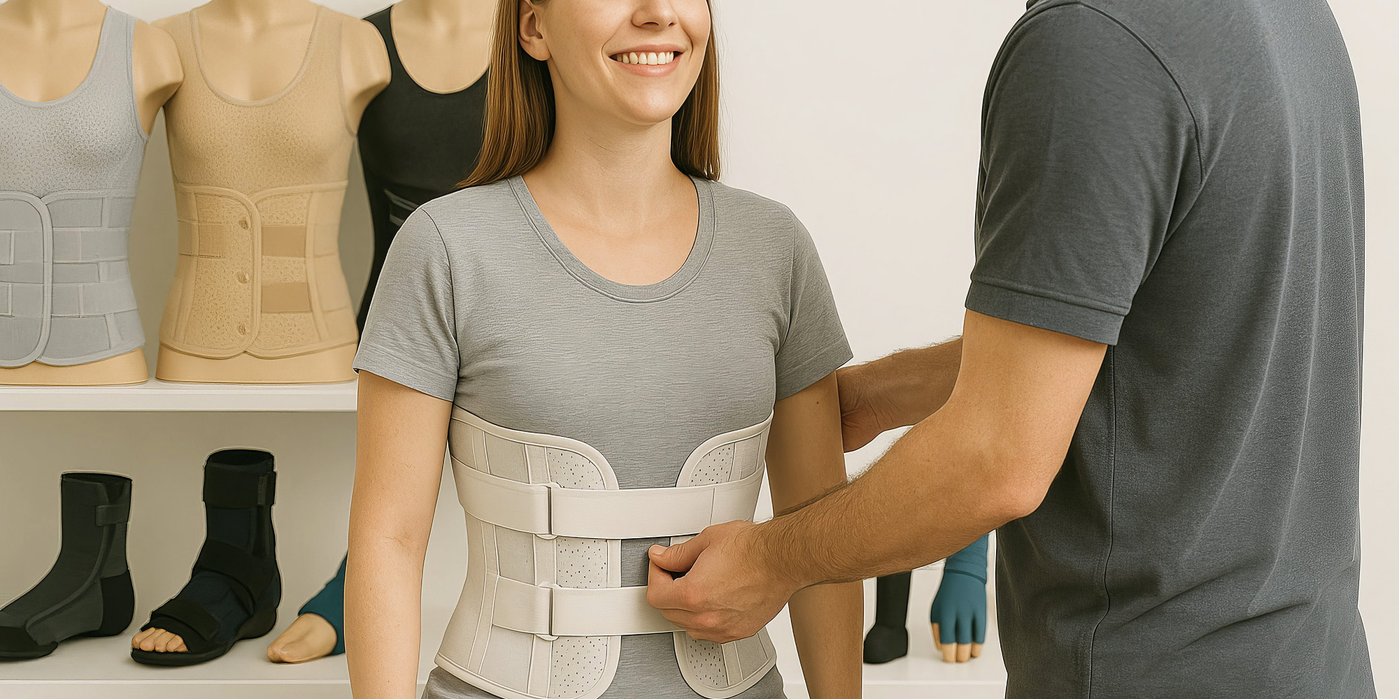 Eine Frau wird von einer Fachkraft beim Anlegen einer weißen Rumpforthese im Orthopädieraum unterstützt