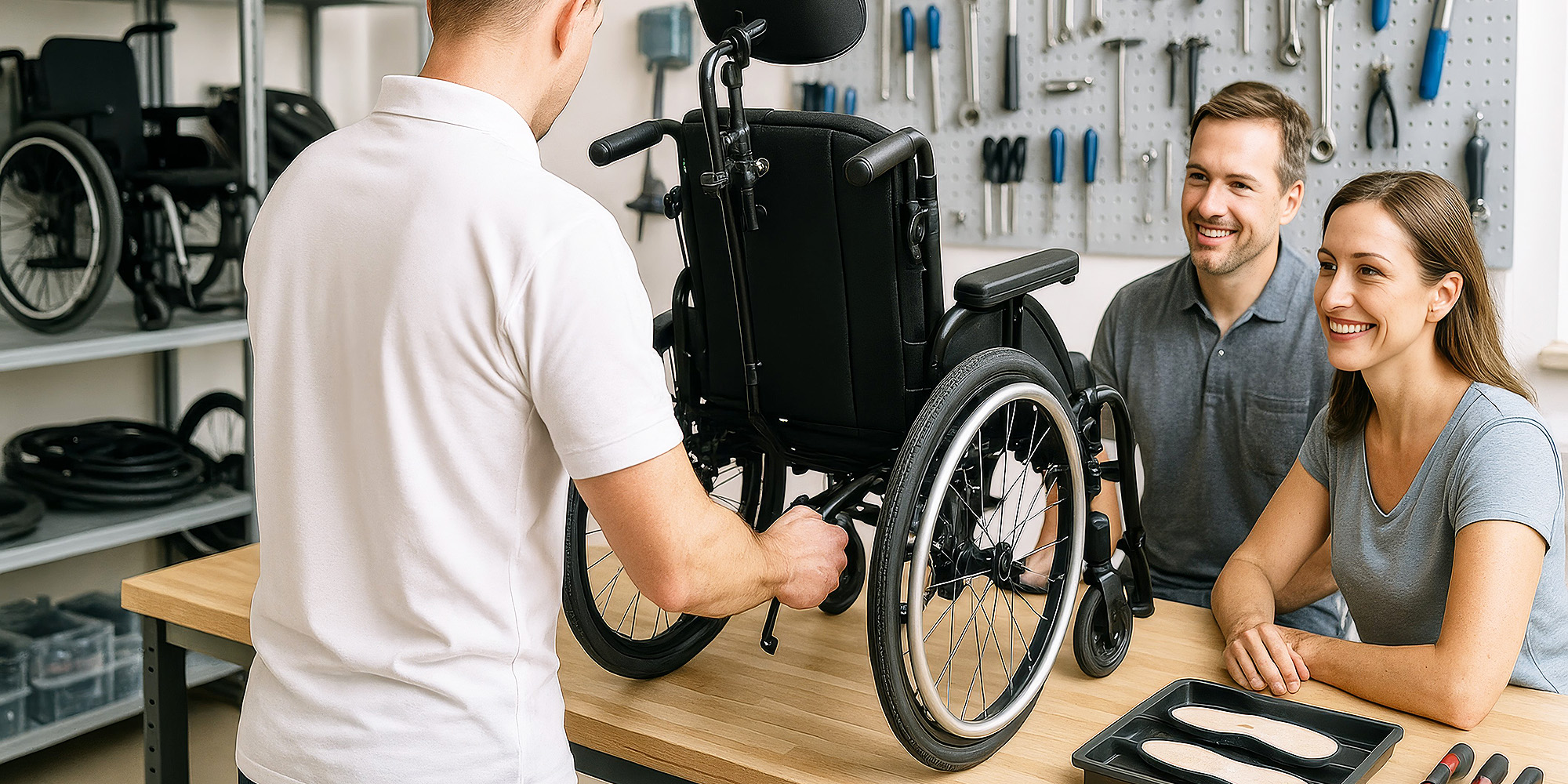 Beratungssituation in der Werkstatt: Fachkraft überprüft einen Rollstuhl, während zwei Kunden am Tisch sitzen und zusehen.