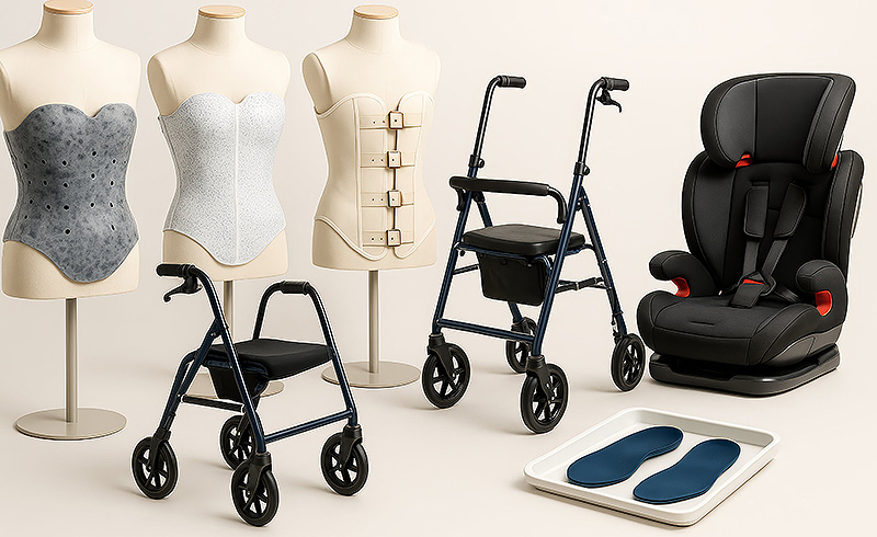 Übersicht orthopädischer Hilfsmittel mit Rumpforthesen, Rollator, Kinderautositz und Einlagen vor neutralem Hintergrund.