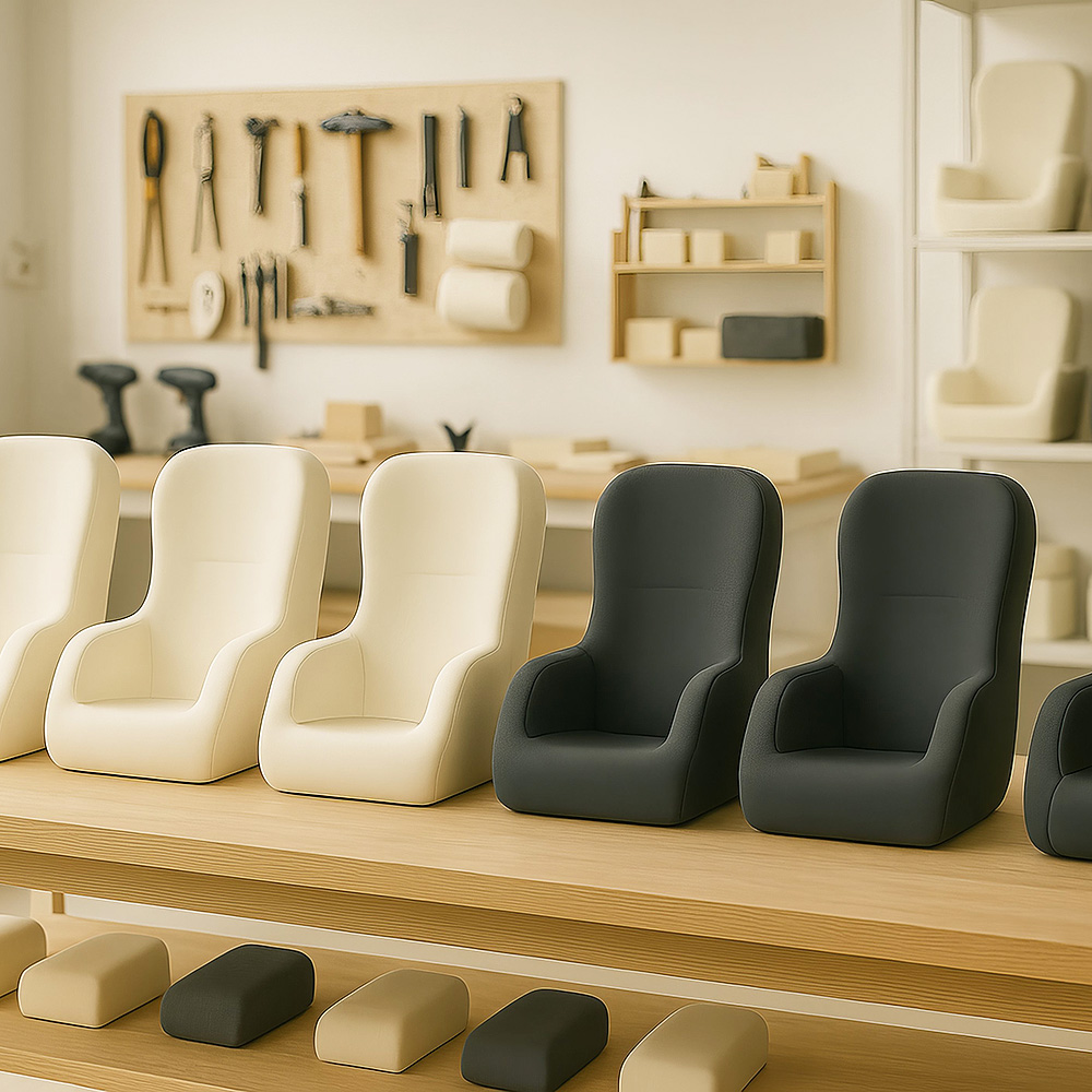 Vergleich mehrerer ergonomischer Sitzschalenformen für unterschiedliche Anforderungen.